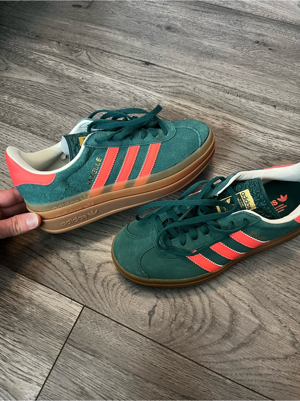 adidas Gazelle Platform Sneakers in Dark Green with Coral Highlights - Picture 8 of 10